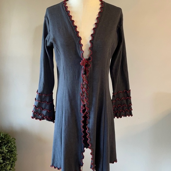 LAURA HLAVAC super stretch rib knit RUFFLE CARDIGAN tie front charcoal grey SM - Picture 1 of 12